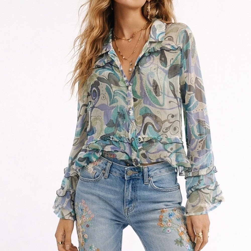Russ Berens Silk Sheer Swirl Print Button-Up Ruffle Blouse Fairycore Whimsy Boho